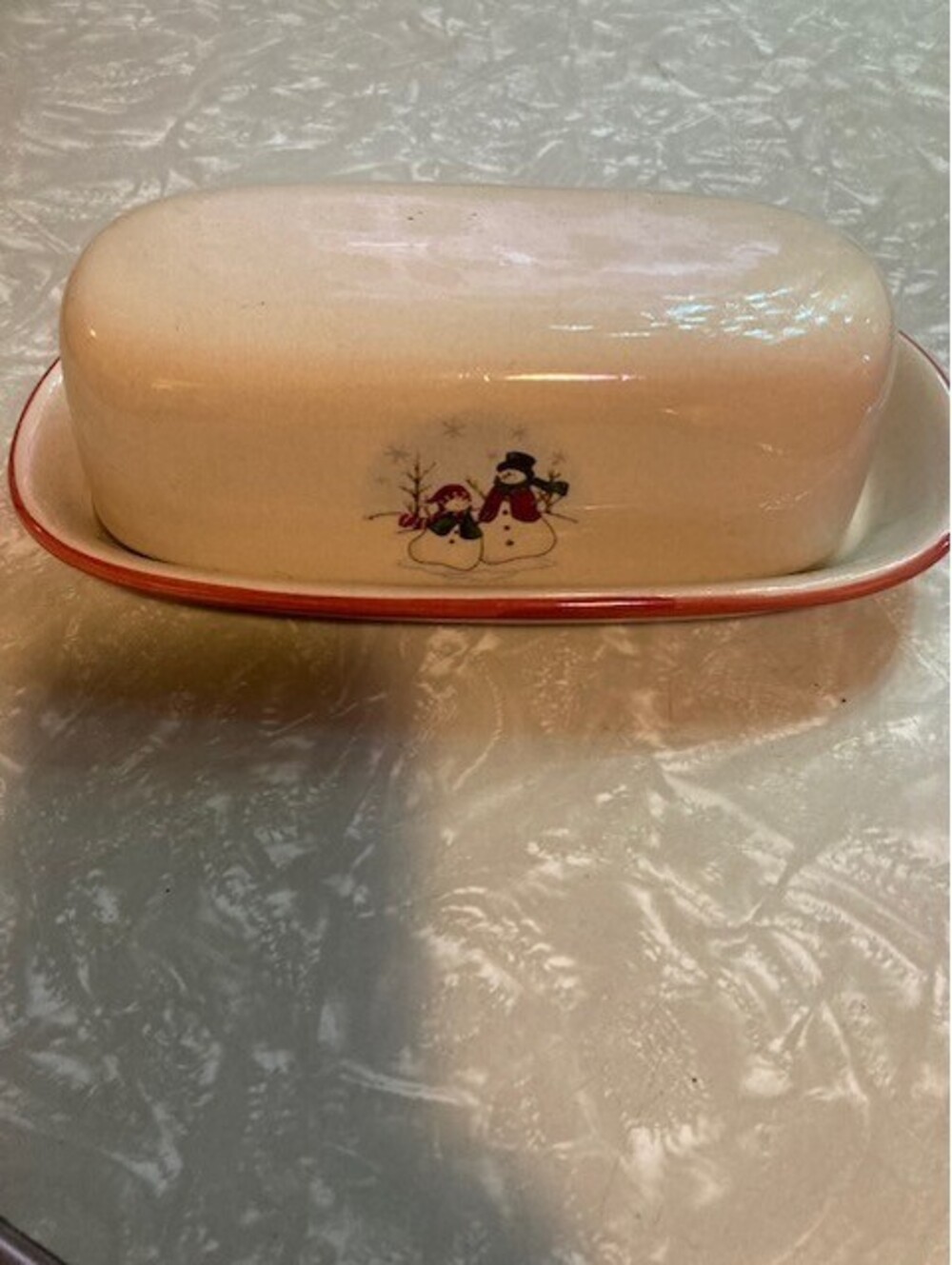 ROYAL SEASONS Stoneware Snowman 2pc Set Butter Dish & Jug - nice condition XMAS